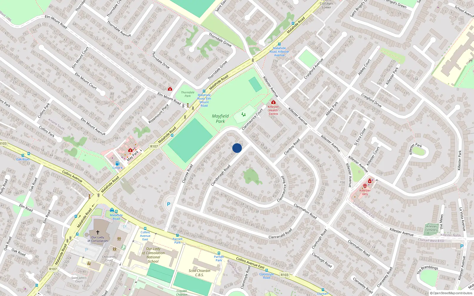 Overhead map showing the location of 53 Clandonagh Road, Donnycarney, Dublin 5