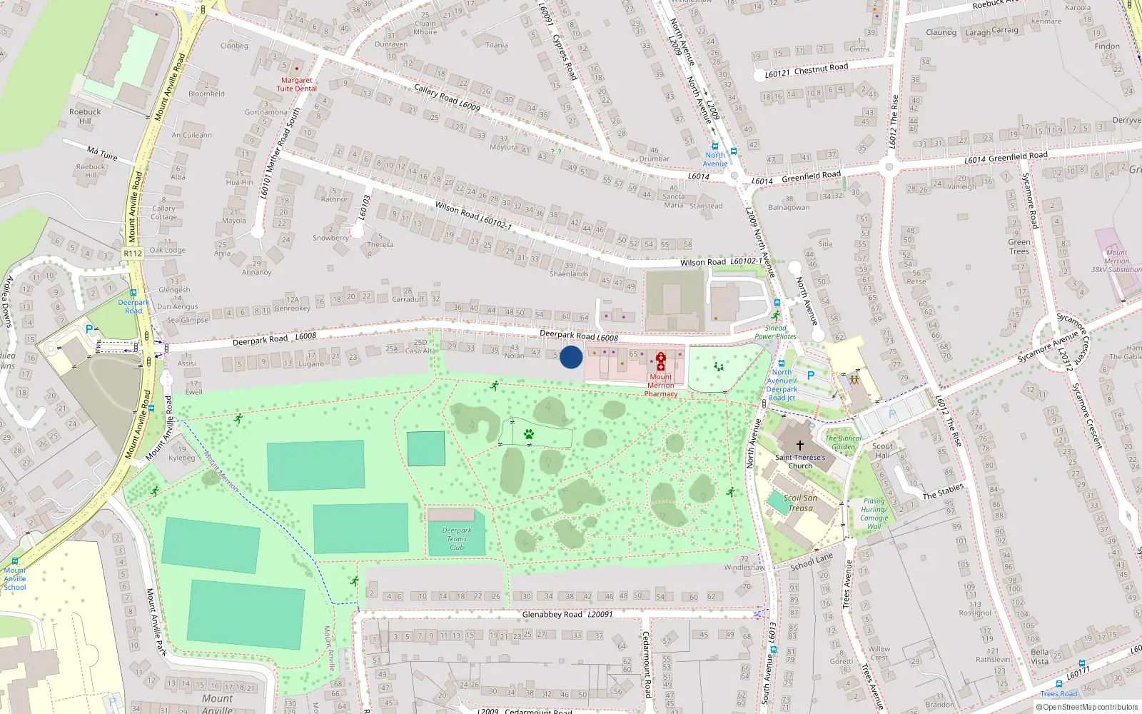 Overhead map showing the location of 53 Deerpark Road, Mount Merrion, Dublin