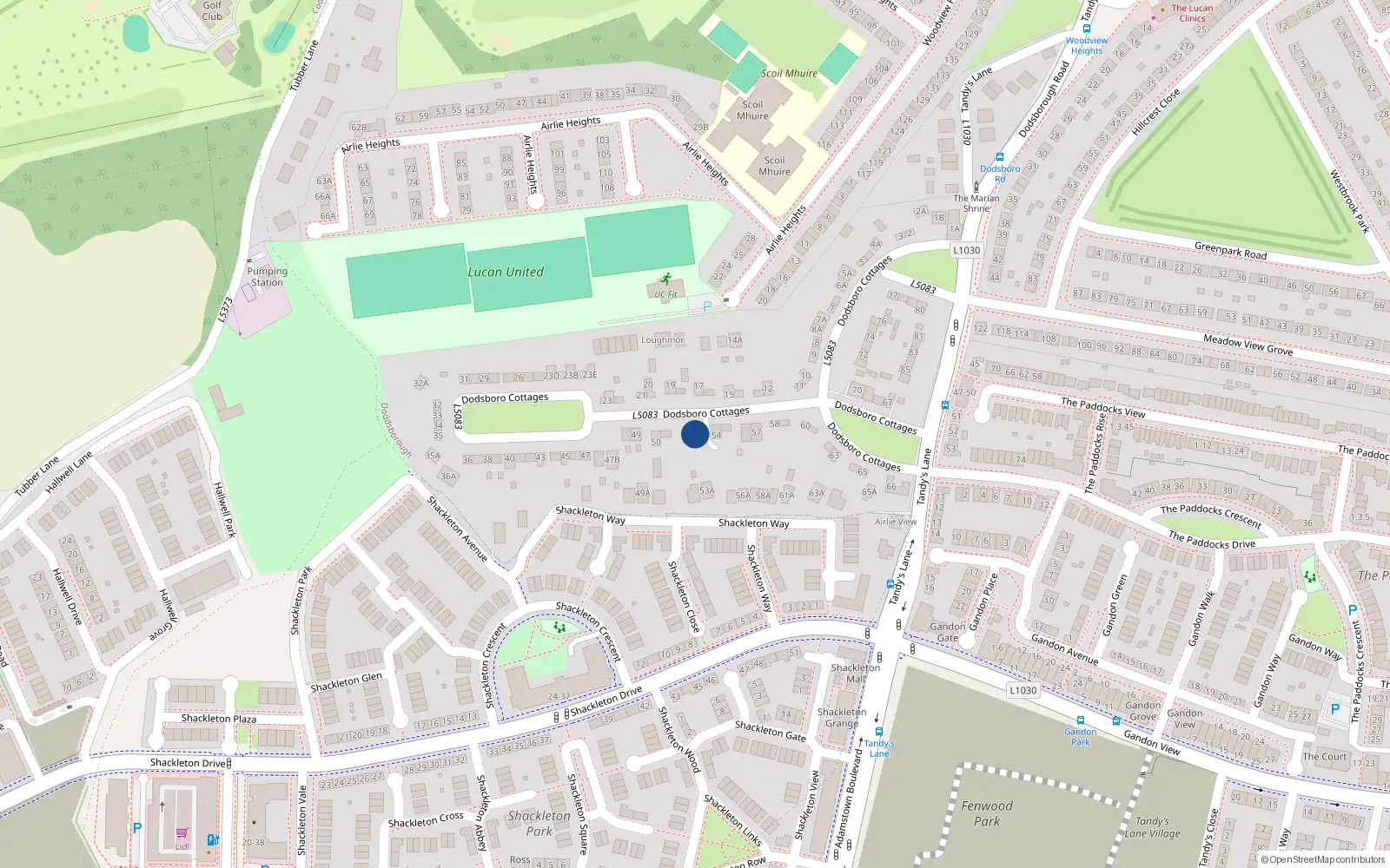 Overhead map showing the location of 53 Dodsborough Cottages, Lucan