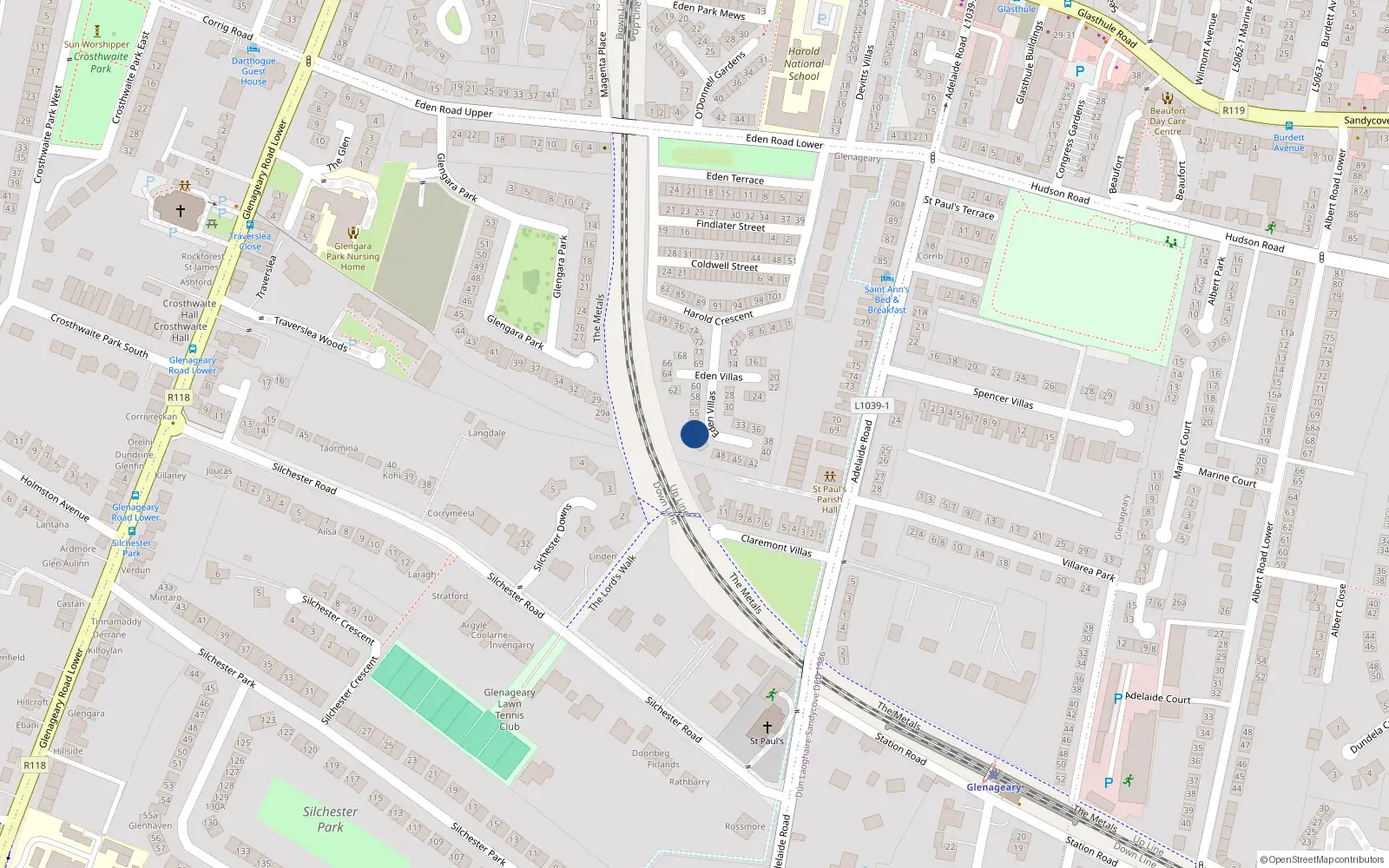 Overhead map showing the location of 53 Eden Villas, Dublin