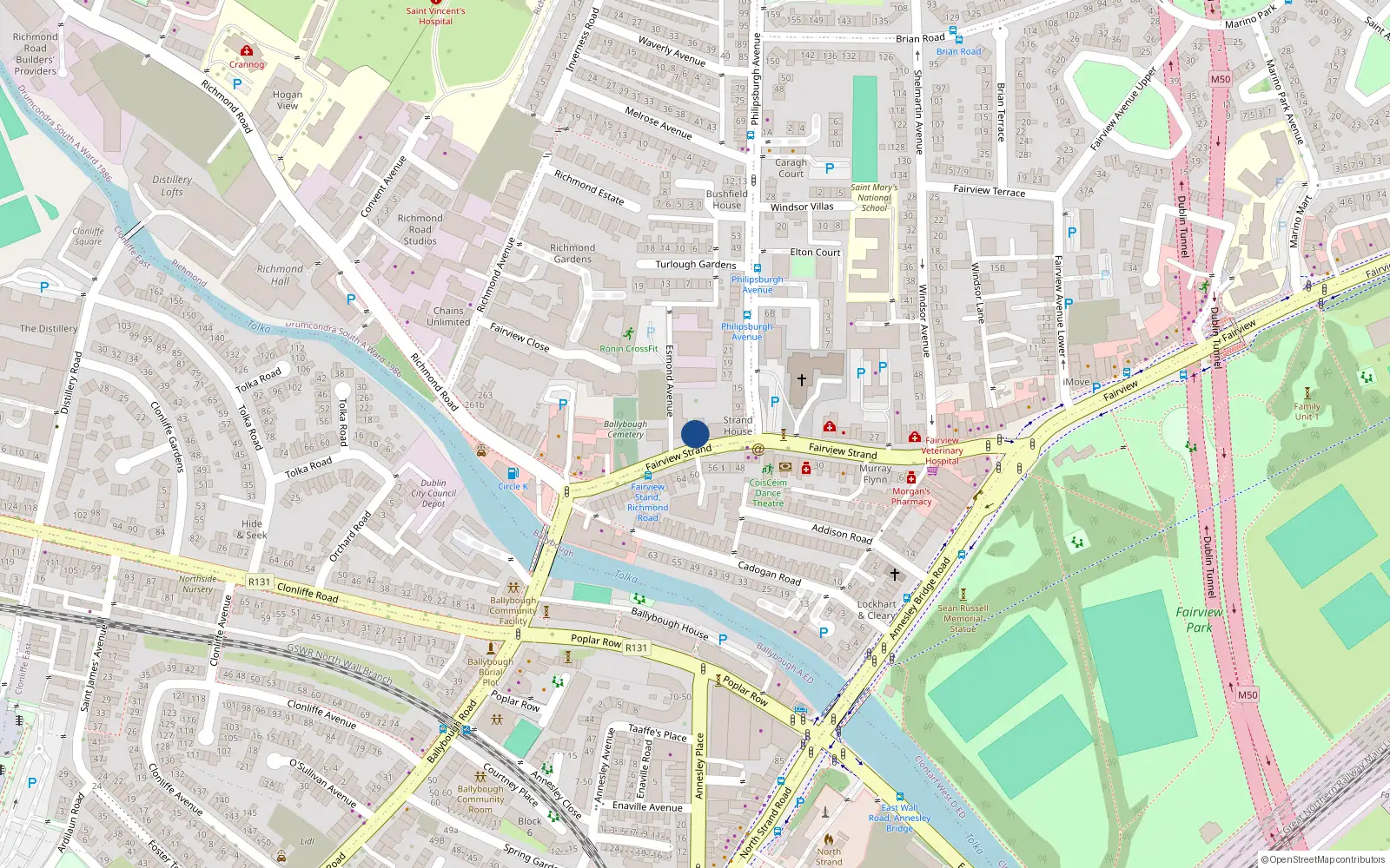 Overhead map showing the location of 53 Fairview Strand, Dublin 3