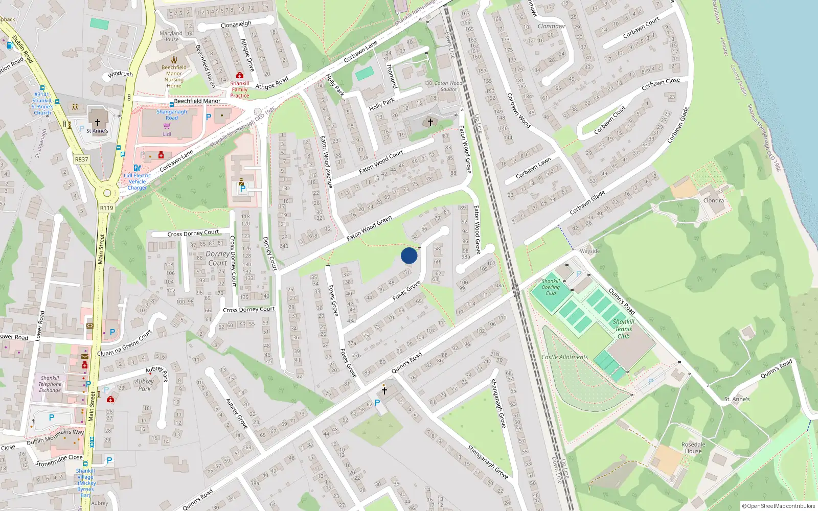 Overhead map showing the location of 53 Foxes Grove, Dublin