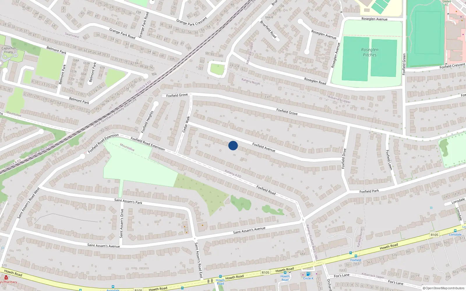 Overhead map showing the location of 53 Foxfield Avenue, Dublin 5