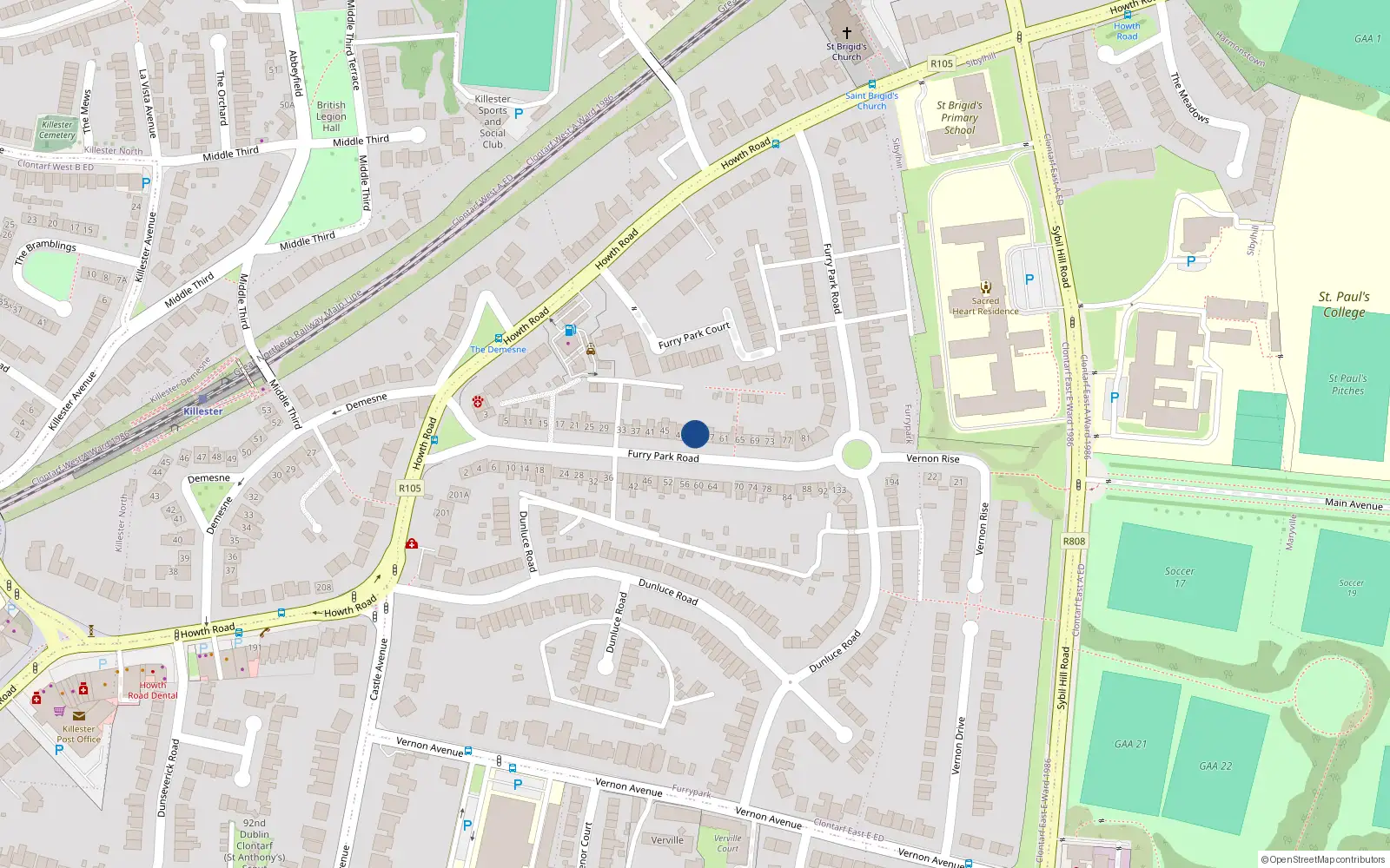 Overhead map showing the location of 53 Furry Park Road, Dublin 5