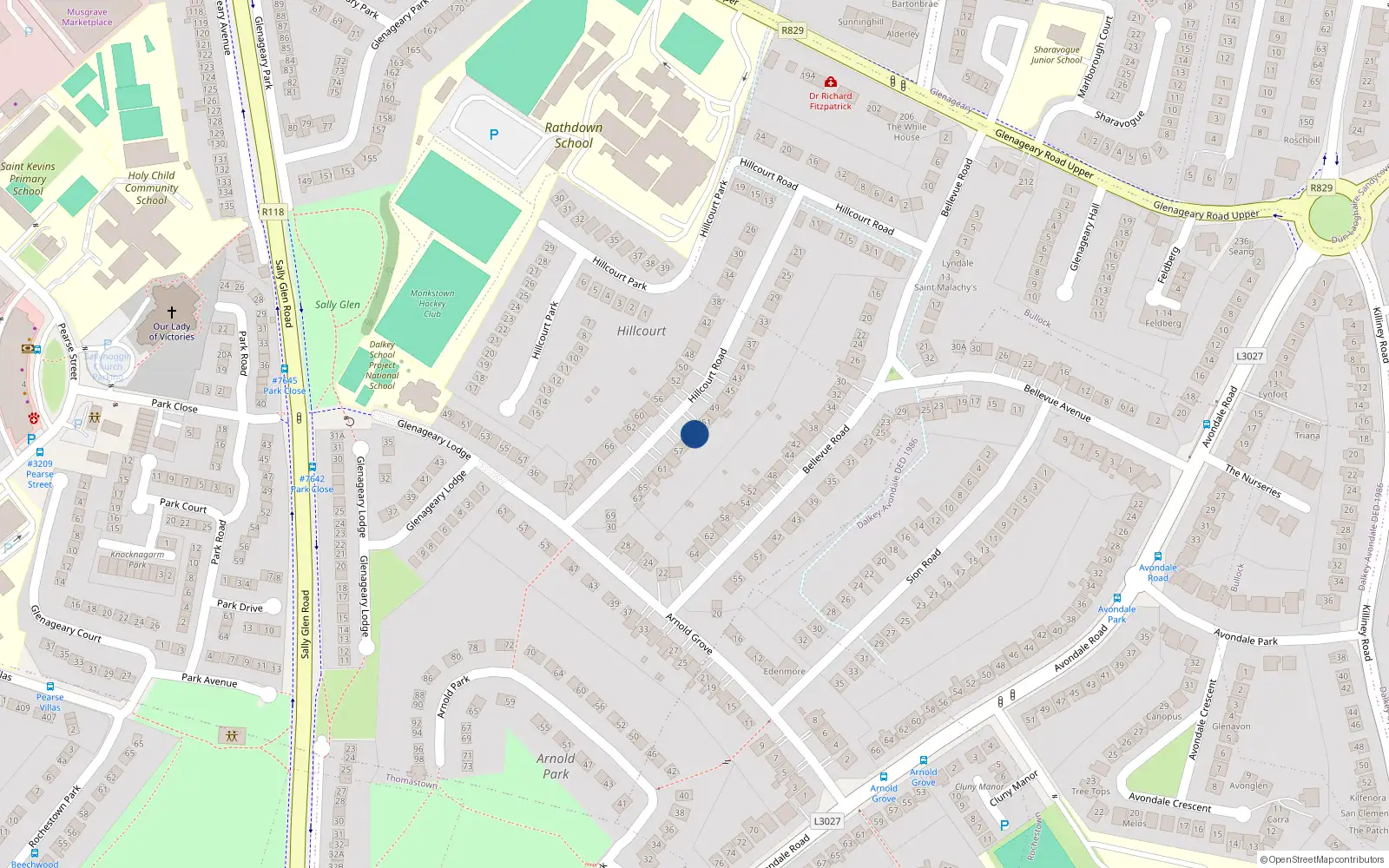Overhead map showing the location of 53 Hillcourt Road, Dublin