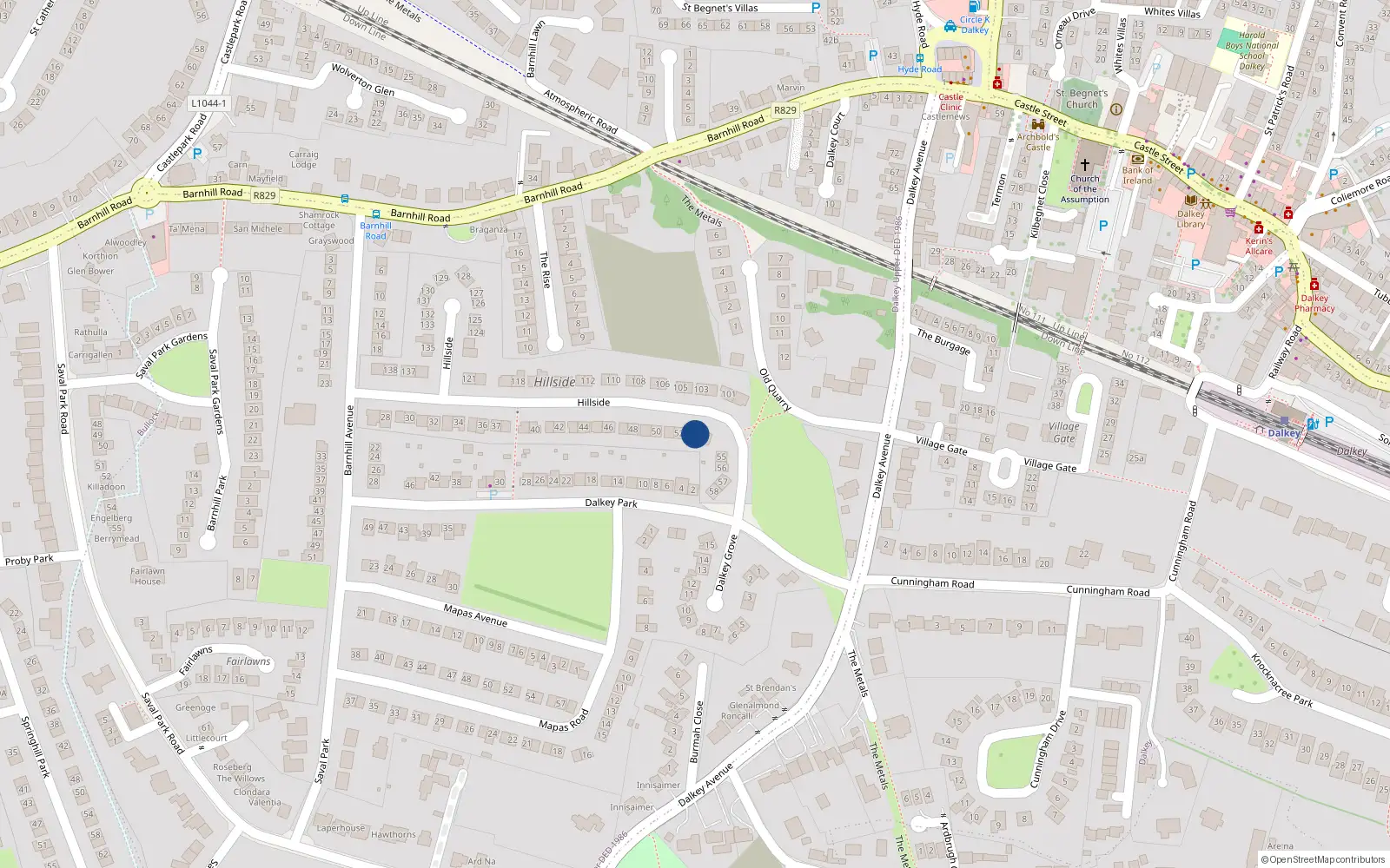 Overhead map showing the location of 53 Hillside, Dalkey