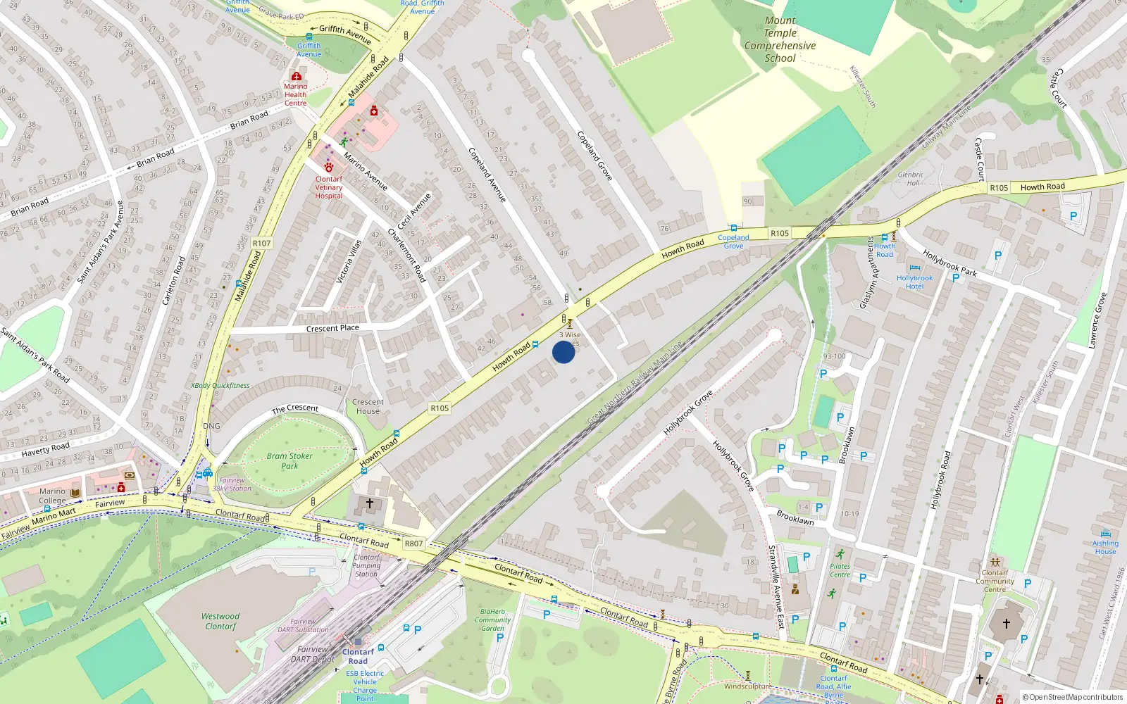 Overhead map showing the location of 53 Howth Road, Dublin 3