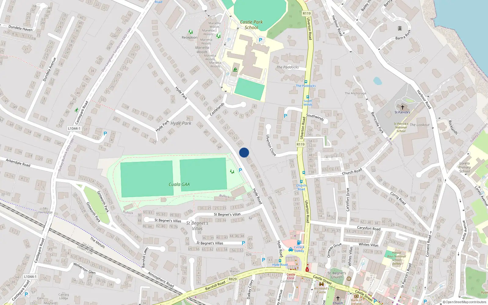 Overhead map showing the location of 53 Hyde Road, Dalkey, Dublin