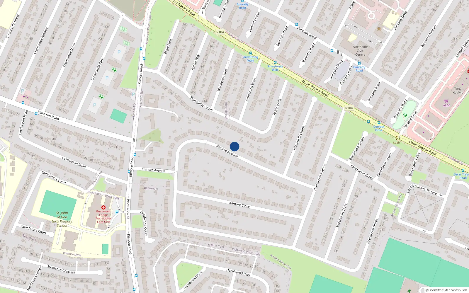 Overhead map showing the location of 53 Kilmore Avenue, Artane, Dublin 5