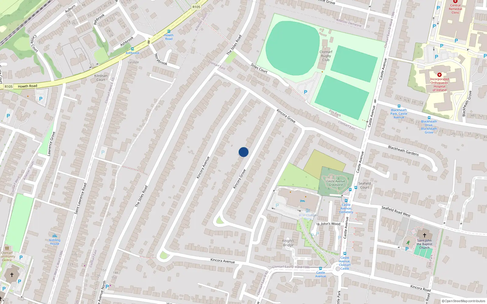 Overhead map showing the location of 53 Kincora Drive, Clontarf, Dublin 3