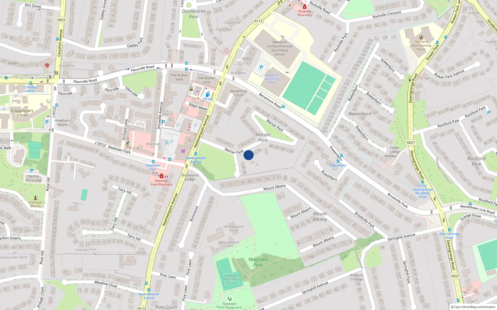 Overhead map showing the location of 53 Marian Park, Blackrock
