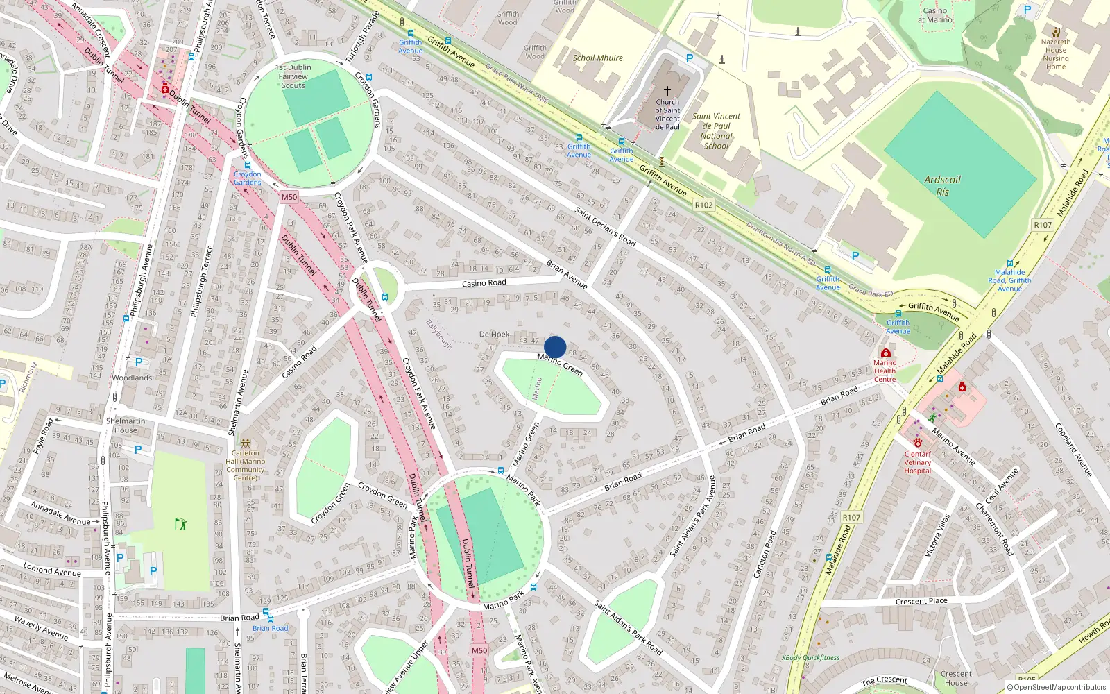 Overhead map showing the location of 53 Marino Green, Marino, Dublin 3