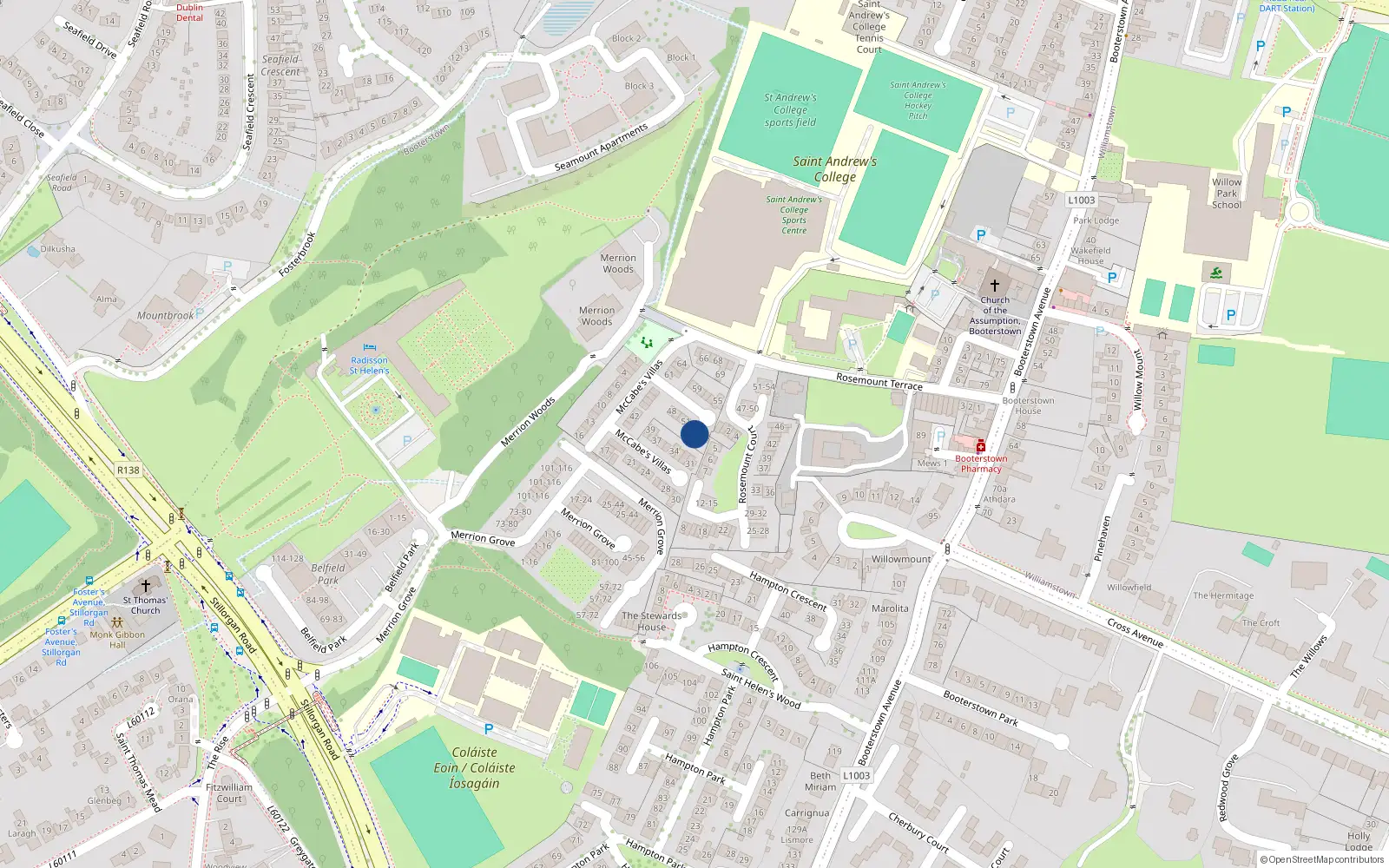 Overhead map showing the location of 53 McCabe's Villas, Booterstown