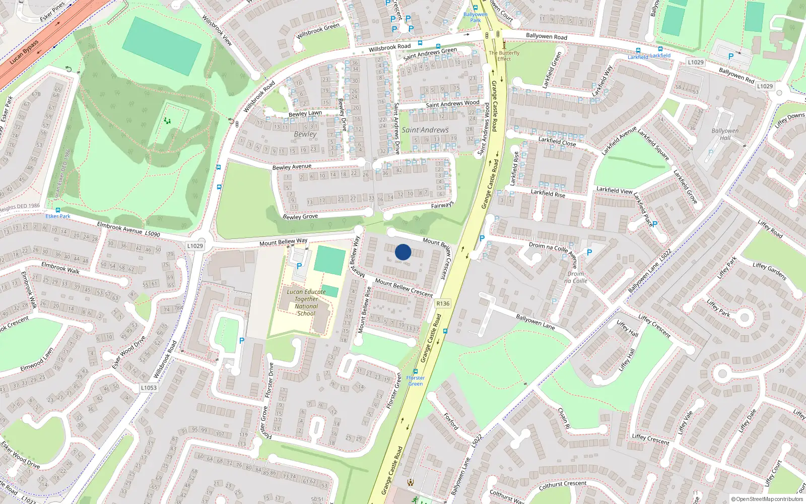 Overhead map showing the location of 53 Mount Bellew Crescent, Lucan, Dublin
