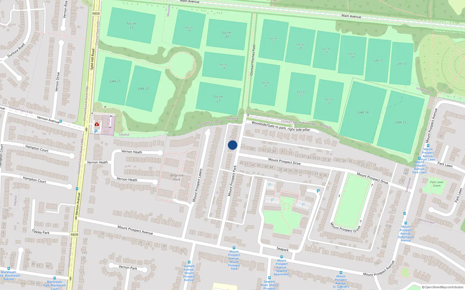 Overhead map showing the location of 53 Mount Prospect Park, Clontarf, Dublin 3