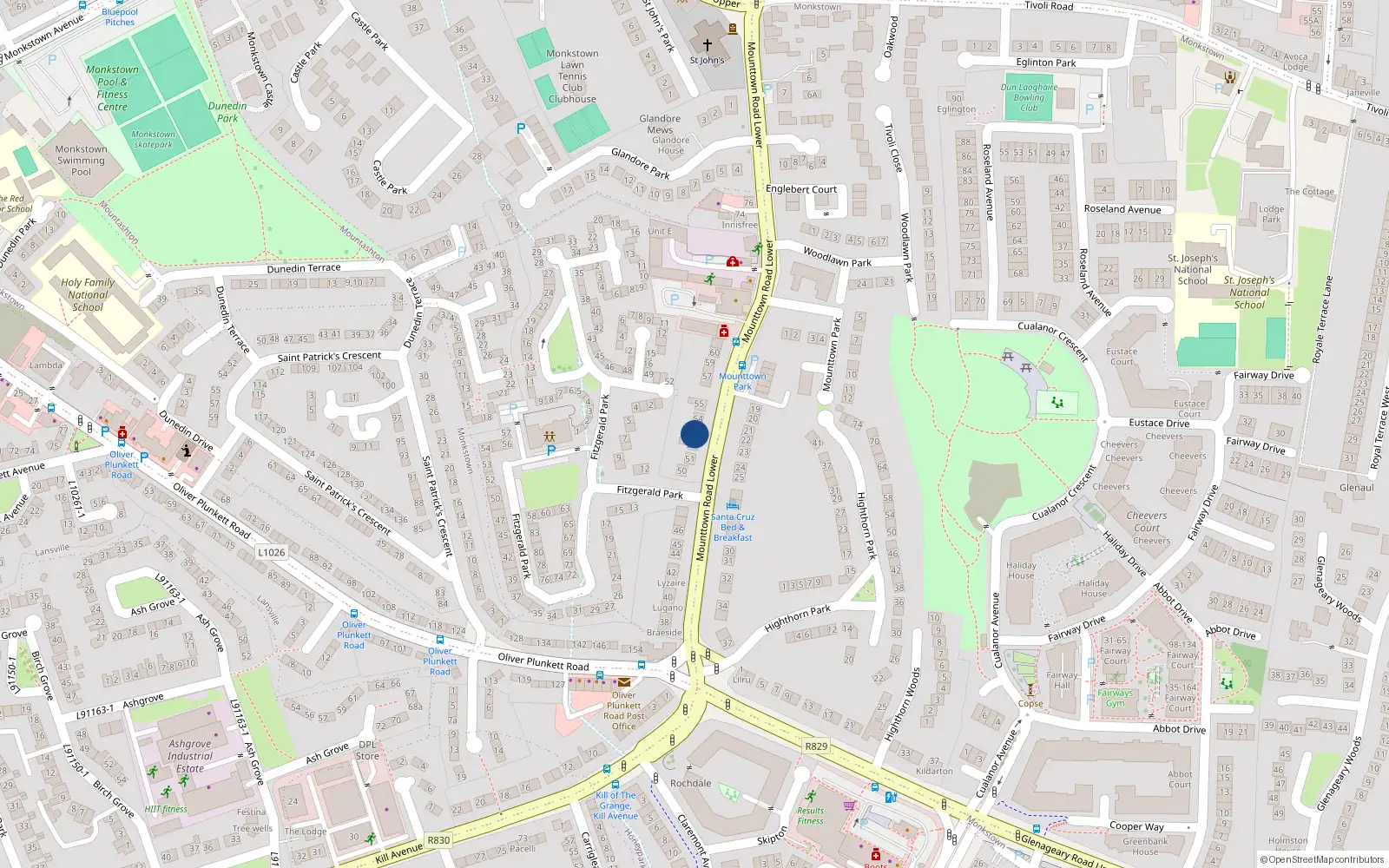 Overhead map showing the location of 53 Mounttown Road Lower, Dun Laoghaire, Dublin