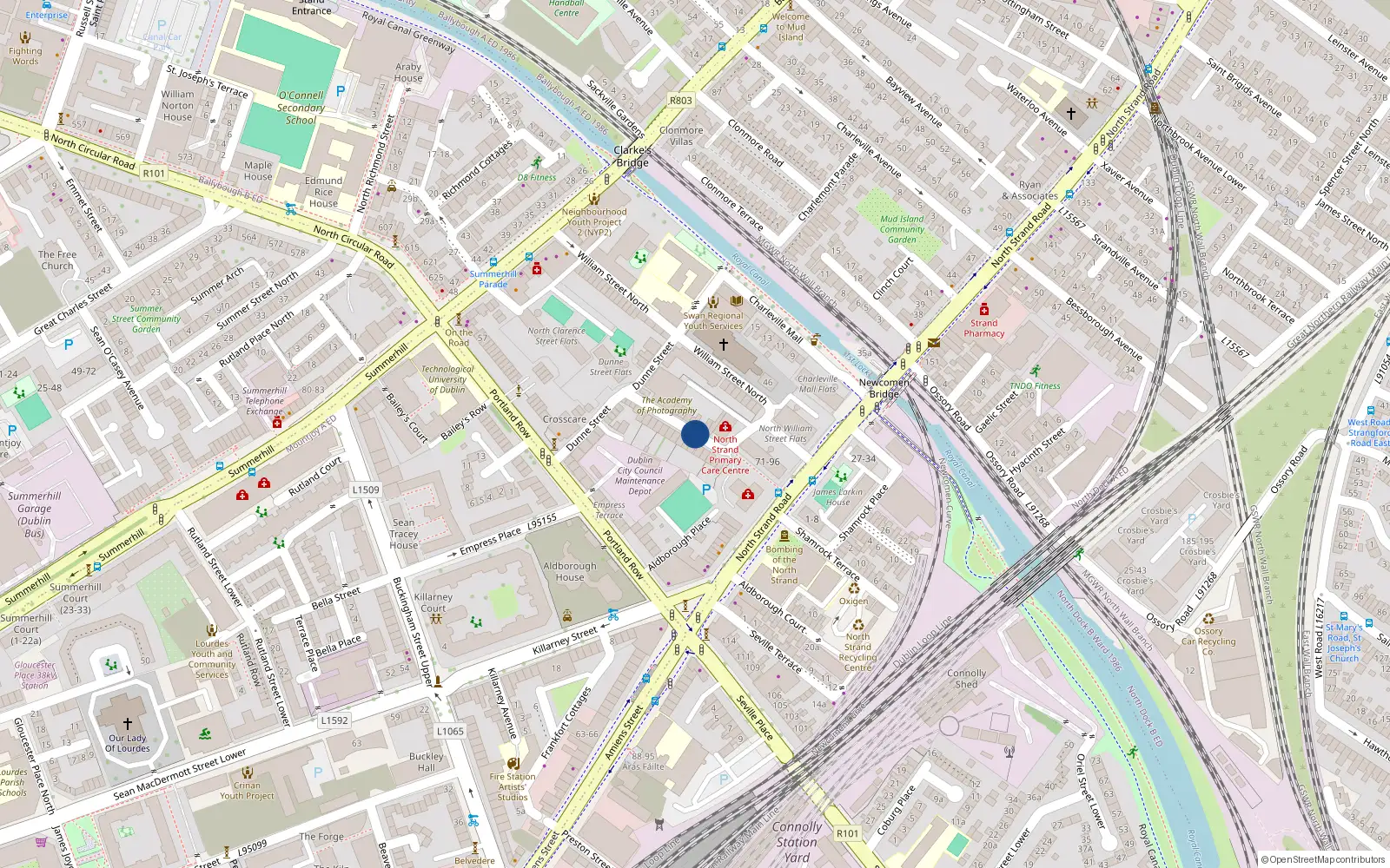 Overhead map showing the location of 53 North Great Clarence Street, North Strand