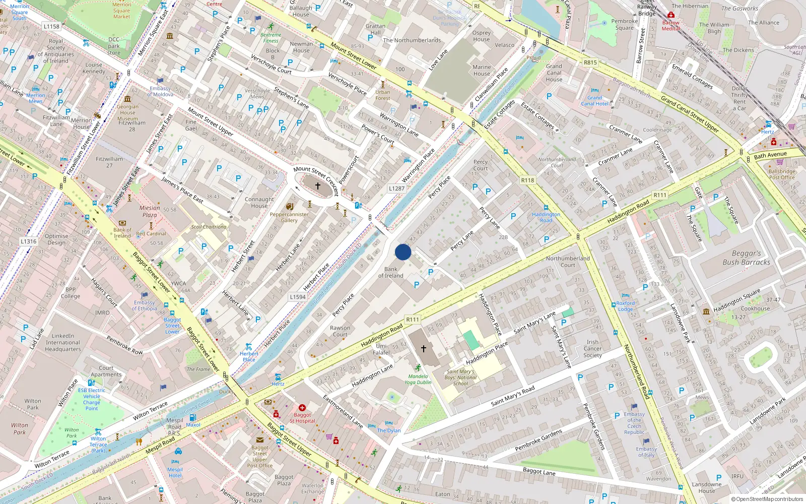 Overhead map showing the location of 53 Percy Place, Dublin