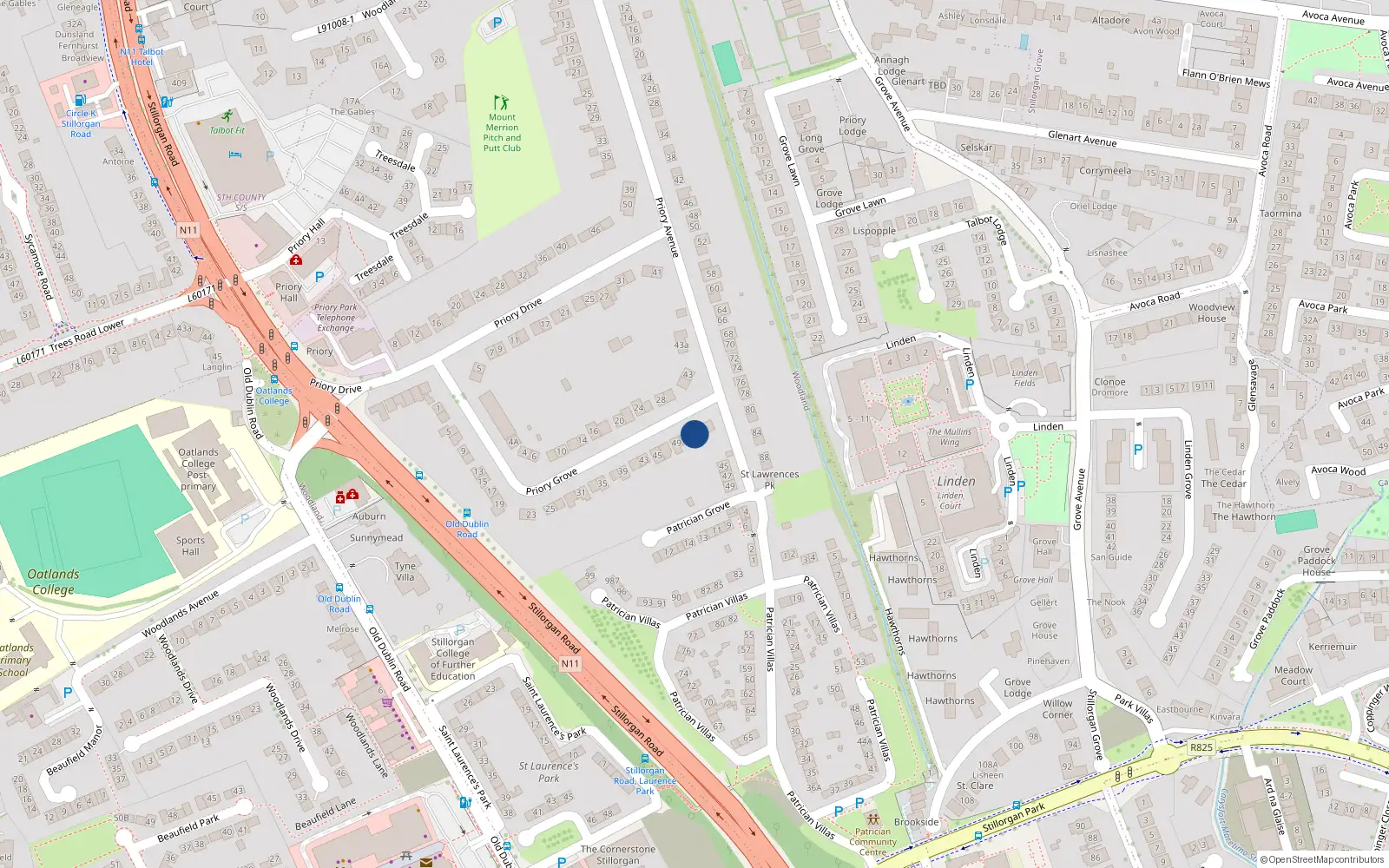 Overhead map showing the location of 53 Priory Grove, Stillorgan, Blackrock