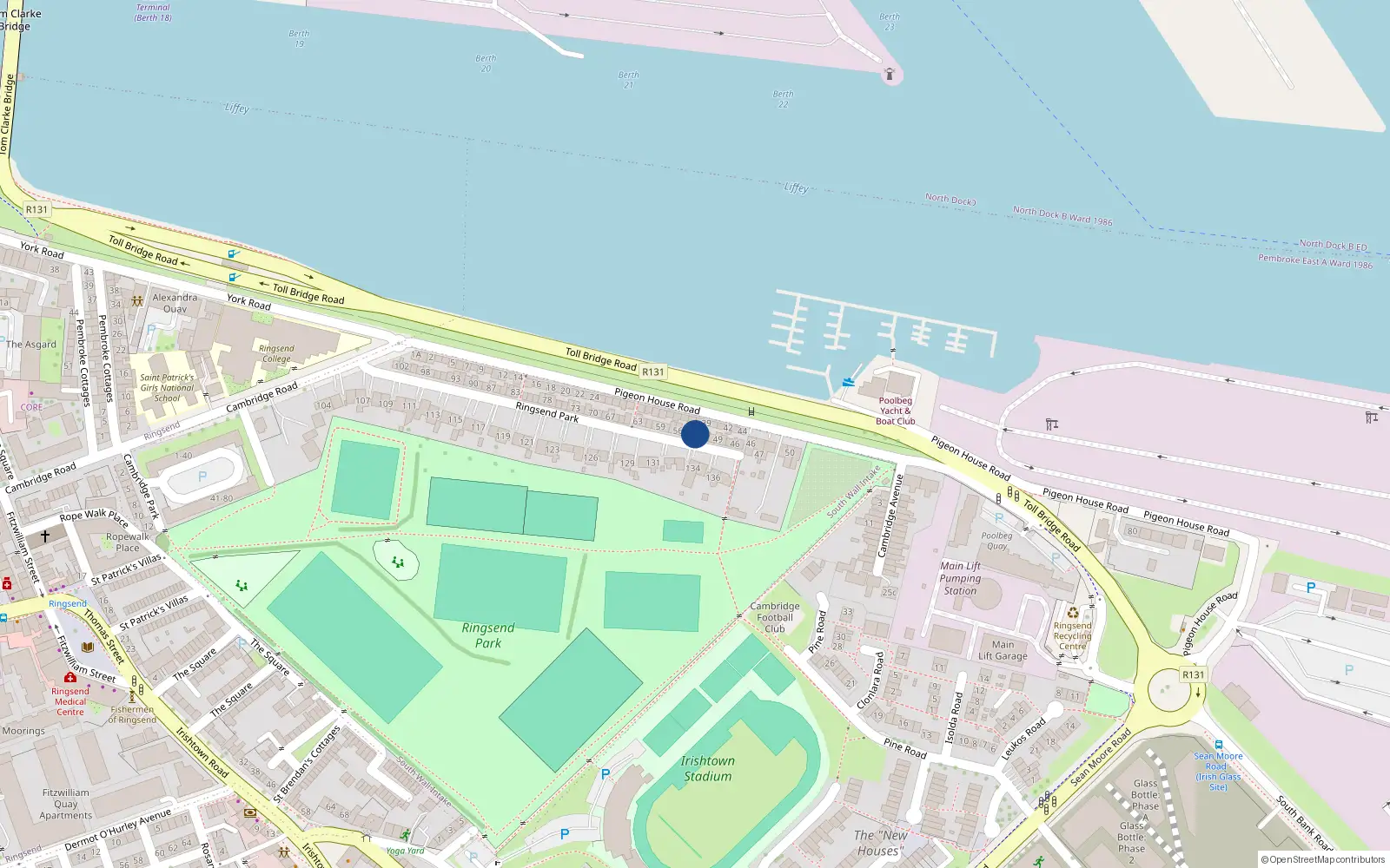 Overhead map showing the location of 53 Ringsend Park, Dublin