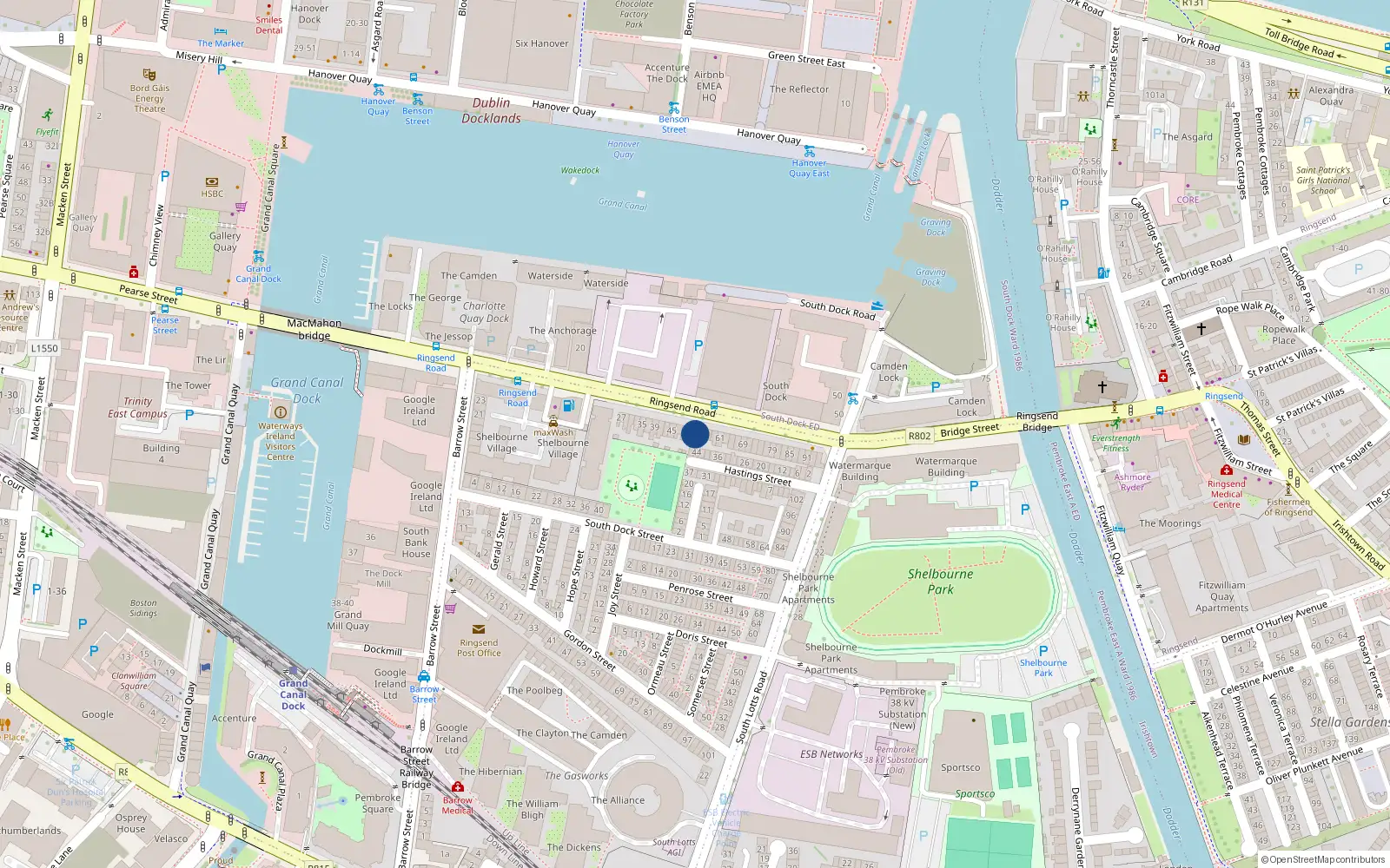 Overhead map showing the location of 53 Ringsend Road, Dublin 4