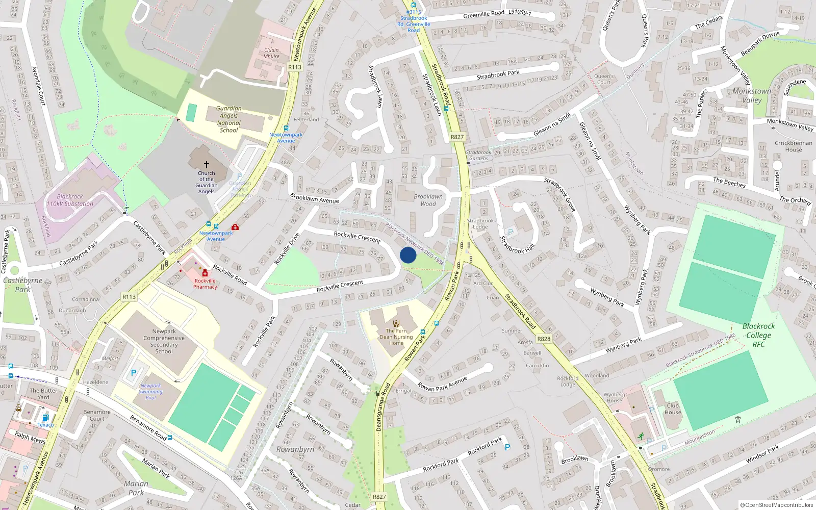 Overhead map showing the location of 53 Rockville Drive, Newtownpark Avenue, Blackrock
