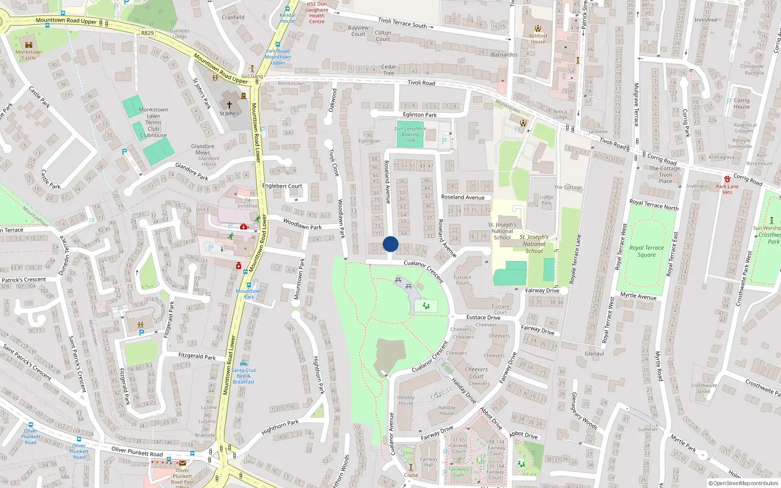 Overhead map showing the location of 53 Roseland Avenue, Glenageary