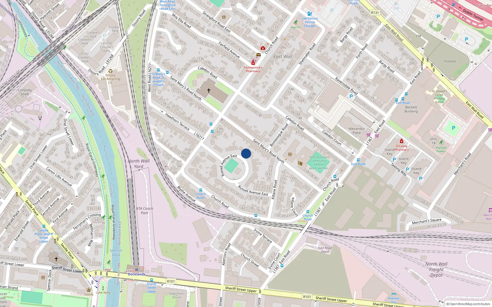 Overhead map showing the location of 53 Russell Avenue, Eastwall, Dublin 3