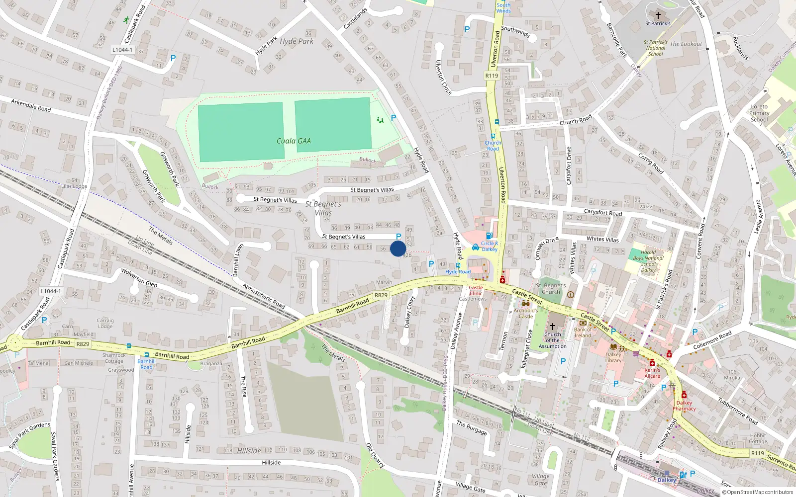 Overhead map showing the location of 53 St Begnets Villas, Dalkey, Co.dublin