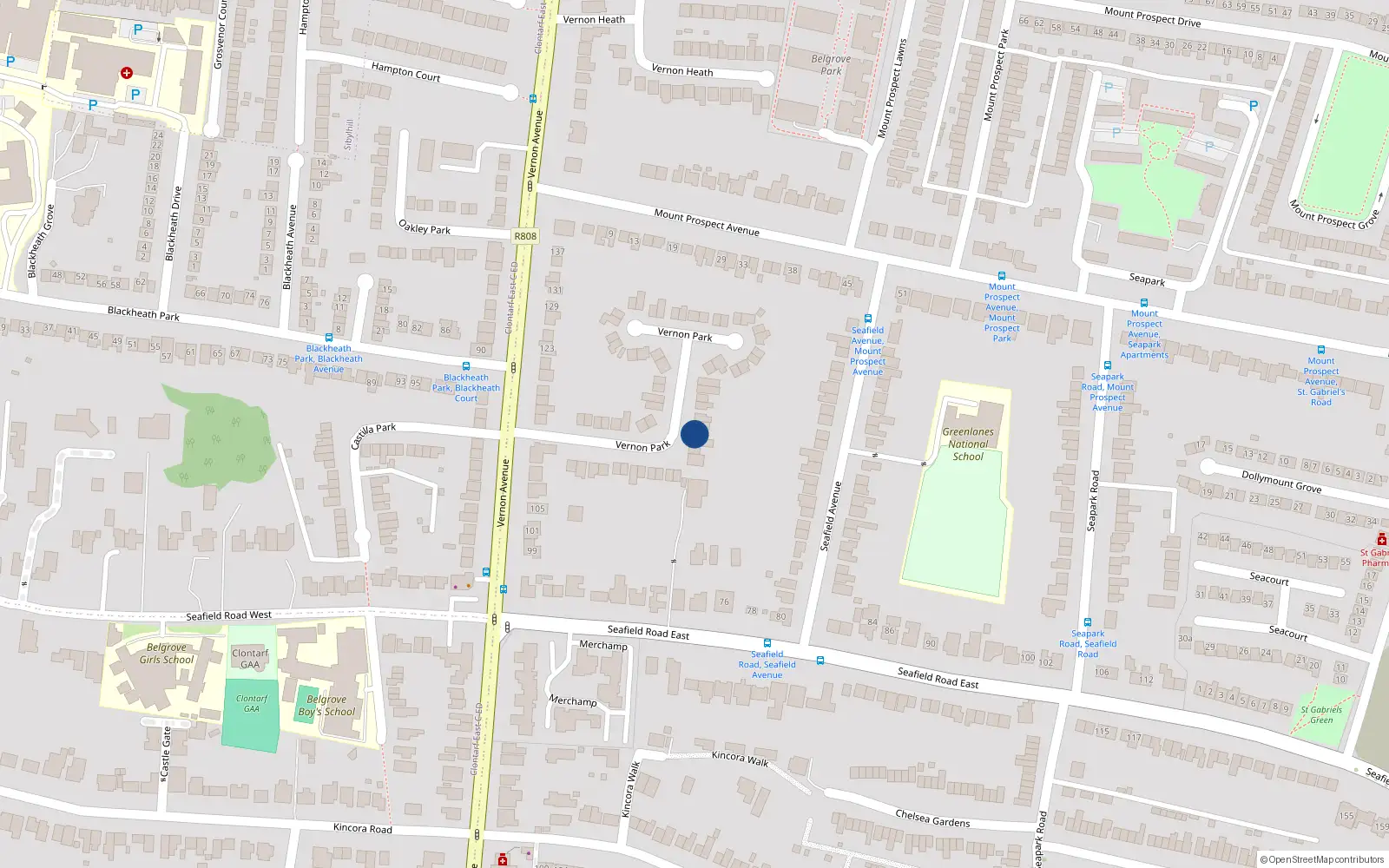 Overhead map showing the location of 53 Vernon Park, Clontarf, Dublin 3