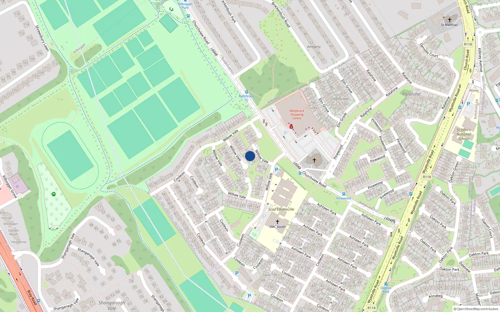 Overhead map showing the location of 53 Willow Vale, Ballybrack