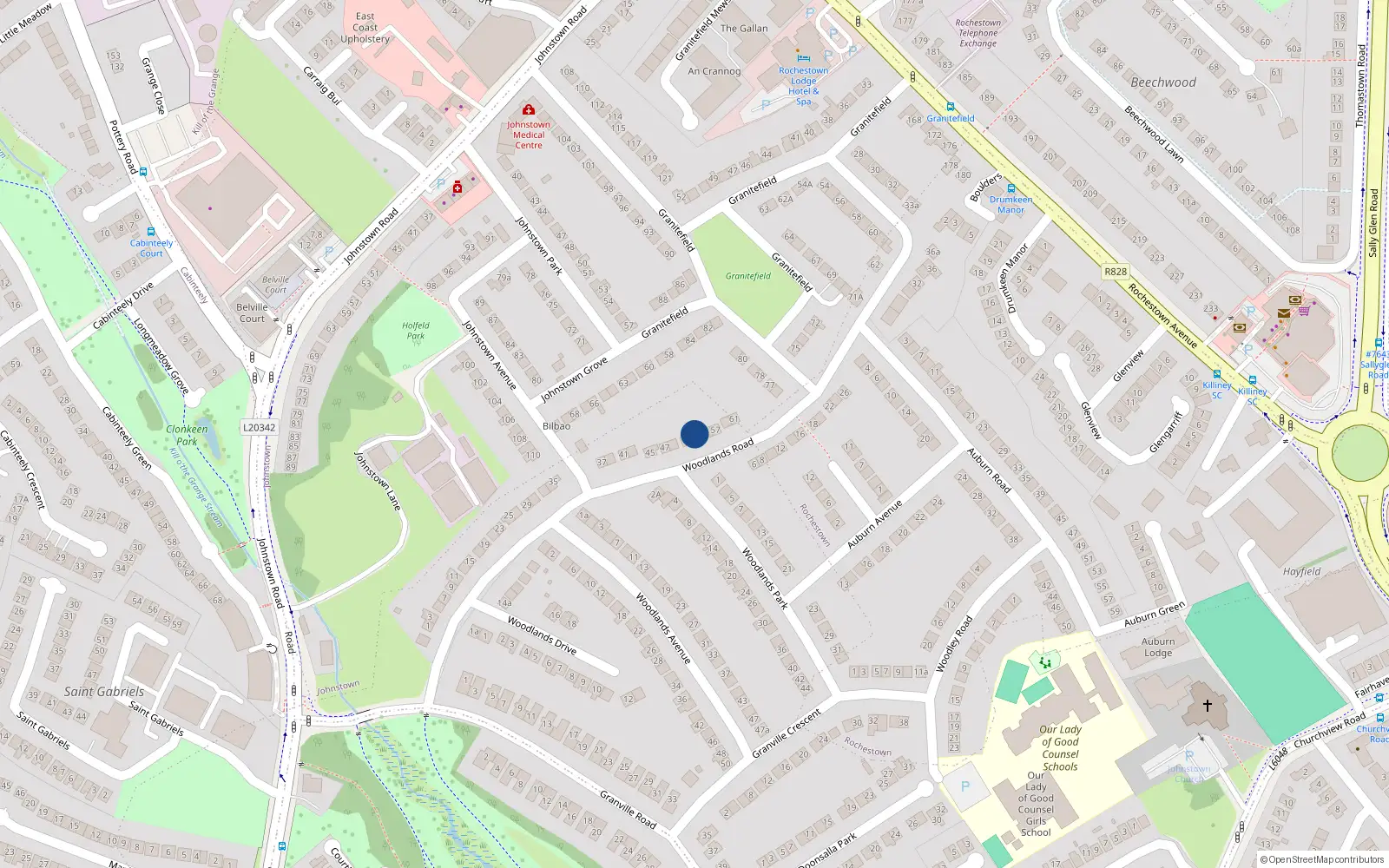 Overhead map showing the location of 53 Woodlands Road, Dublin