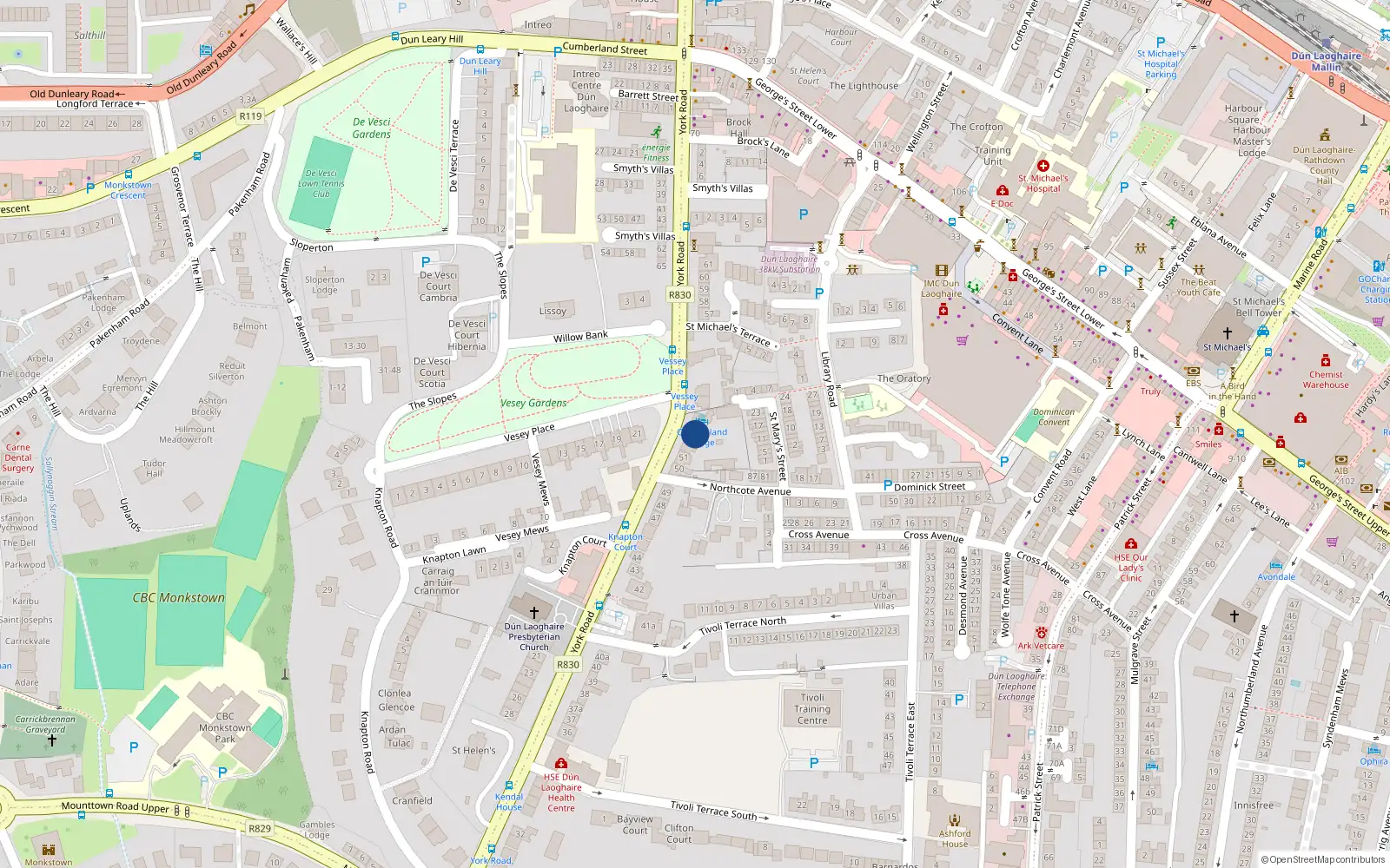 Overhead map showing the location of 53 York Road, Dublin