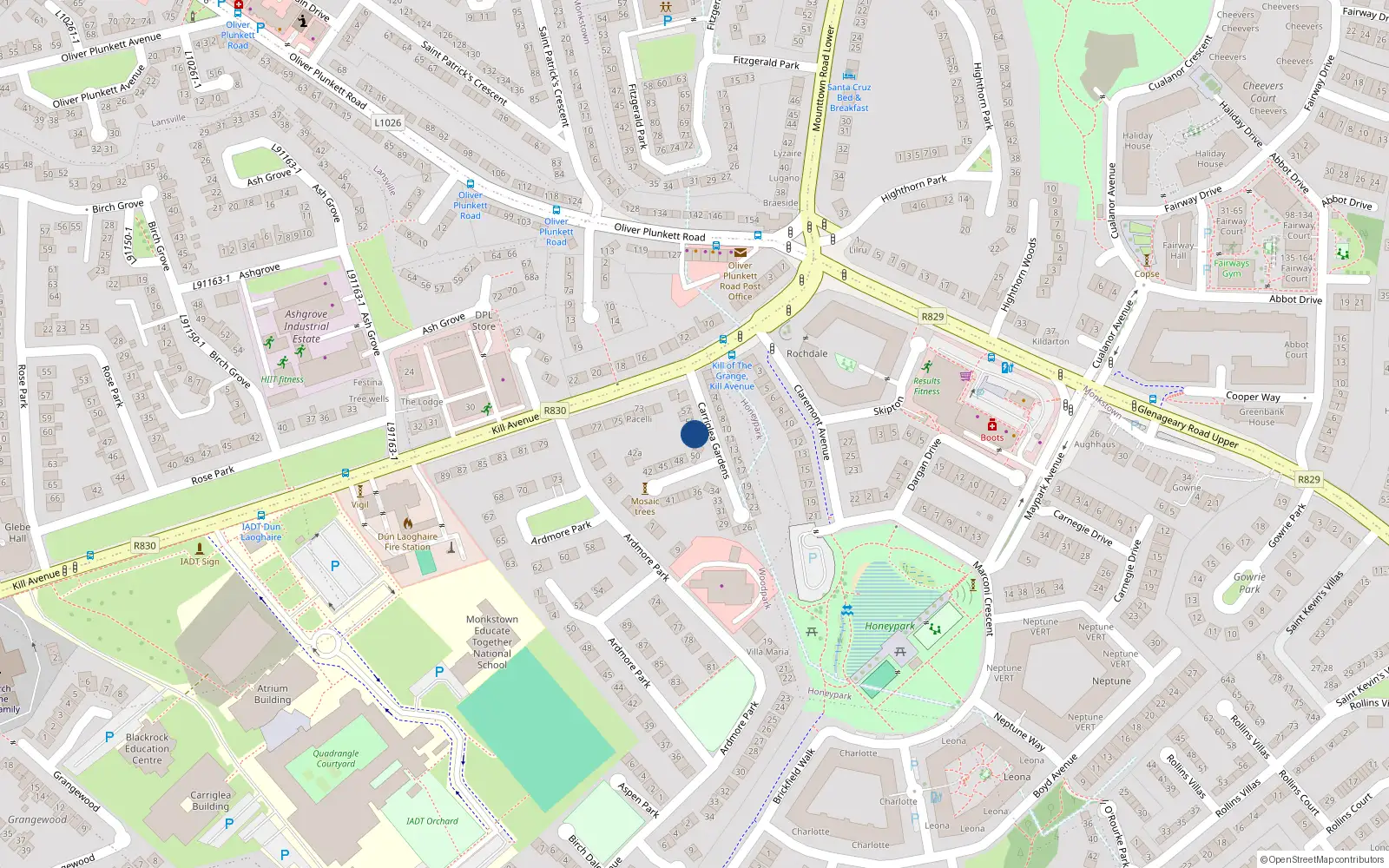 Overhead map showing the location of 53carriglea Gardens, Dun Laoghaire