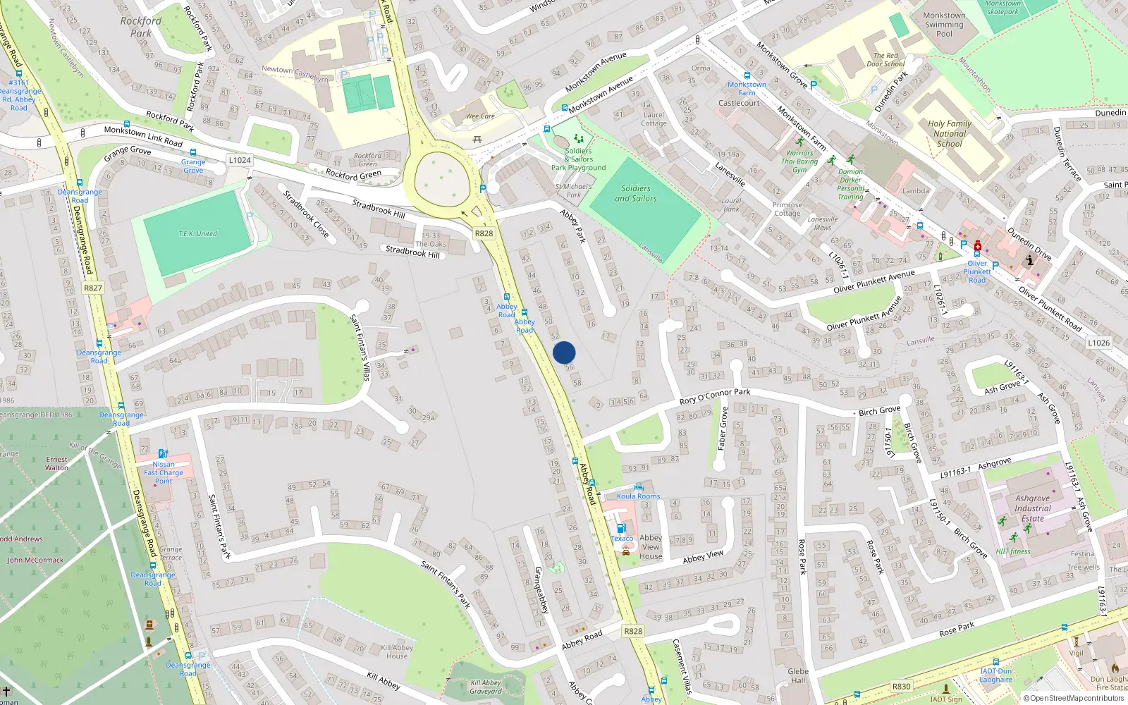 Overhead map showing the location of 54 Abbey Road, Monkstown