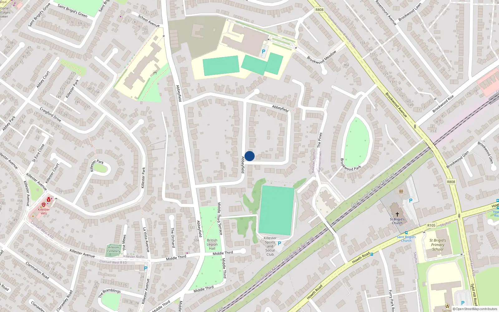 Overhead map showing the location of 54 Abbeyfield, Killester, Dublin 5