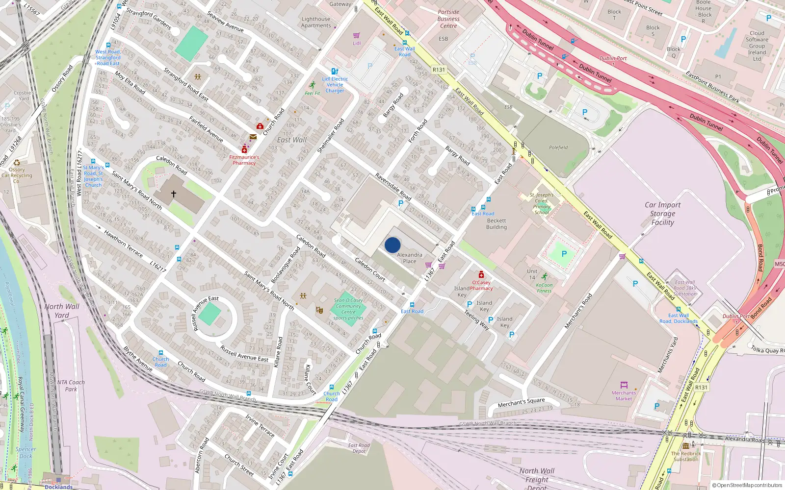 Overhead map showing the location of 54 Alexander Place, East Road, Dublin 3