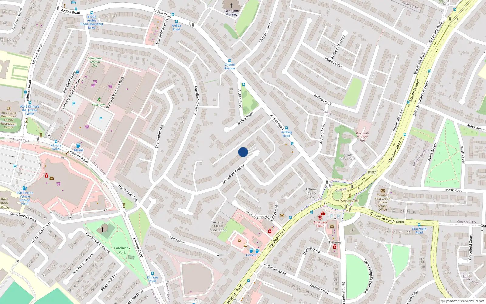 Overhead map showing the location of 54 Ardcollum Avenue, Artane, Dublin 5