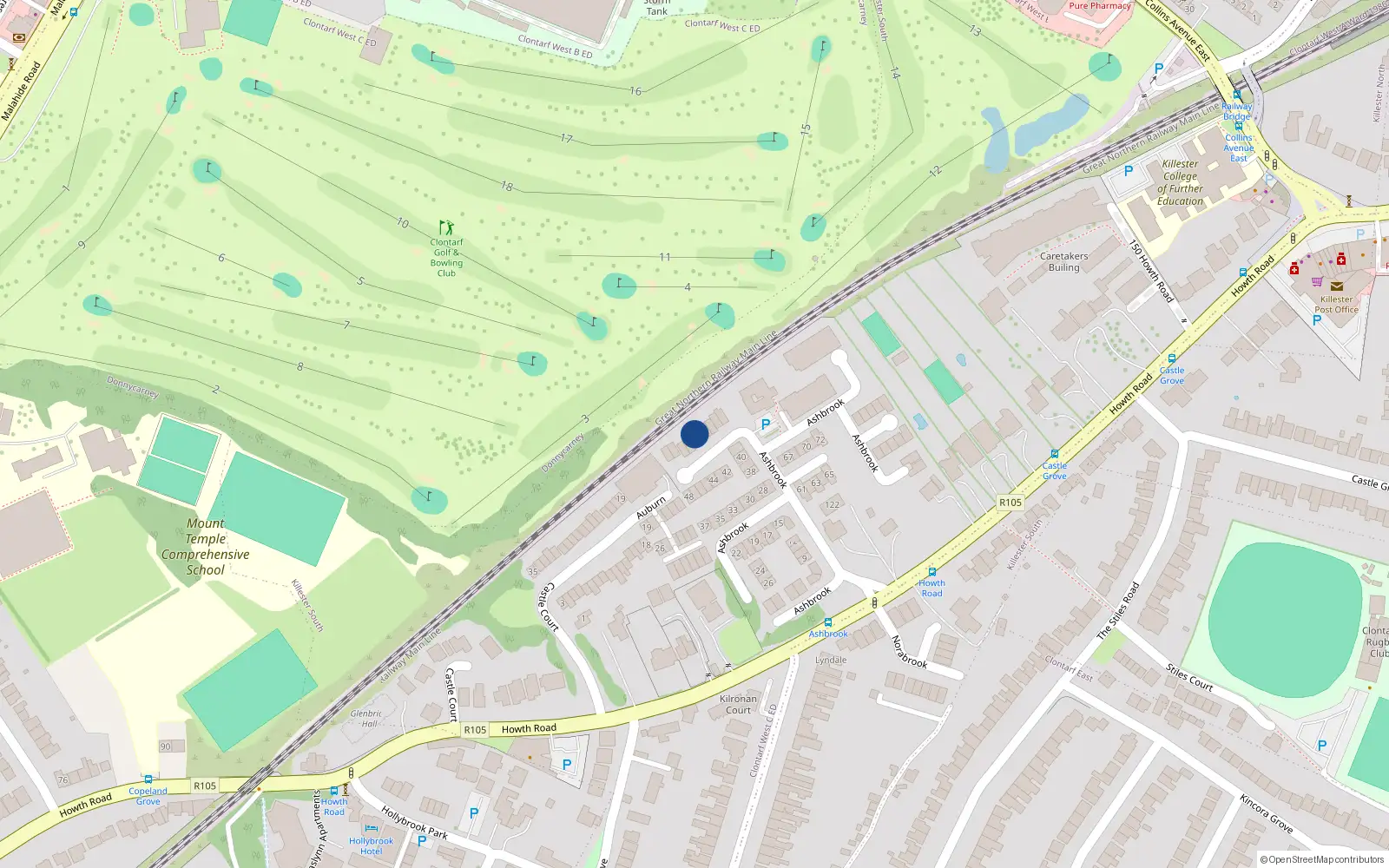 Overhead map showing the location of 54 Ashbrook, Clontarf, Dublin 3