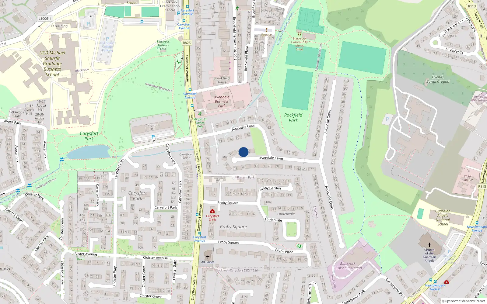 Overhead map showing the location of 54 Avondale Lawn, Blackrock, Dublin