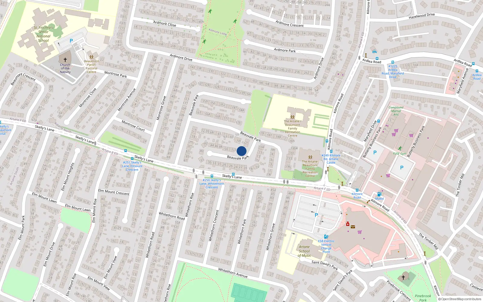 Overhead map showing the location of 54 Beauvale Park, Beaumont, Dublin 9