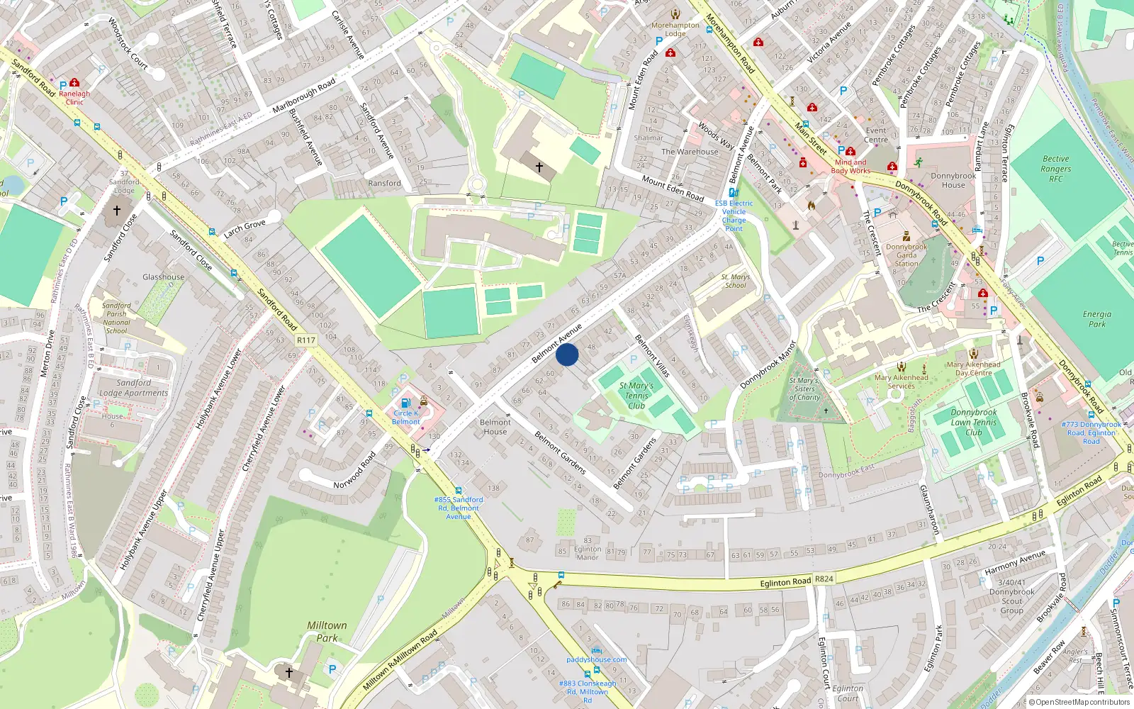 Overhead map showing the location of 54 Belmont Avenue, Donnybrook