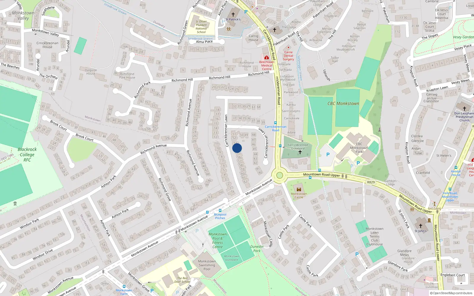 Overhead map showing the location of 54 Carrickbrennan Lawn, Monkstown