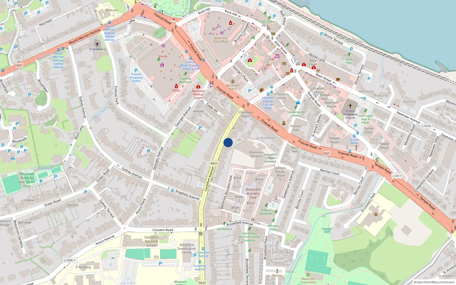 Overhead map showing the location of 54 Carysfort Avenue, Blackrock, Dublin