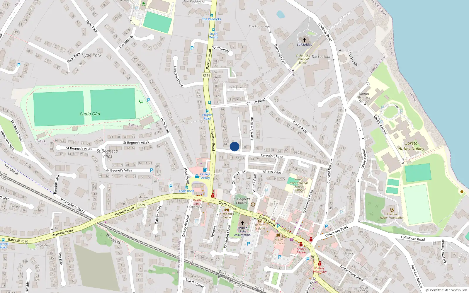 Overhead map showing the location of 54 Carysfort Road, Dalkey, Co Dublin