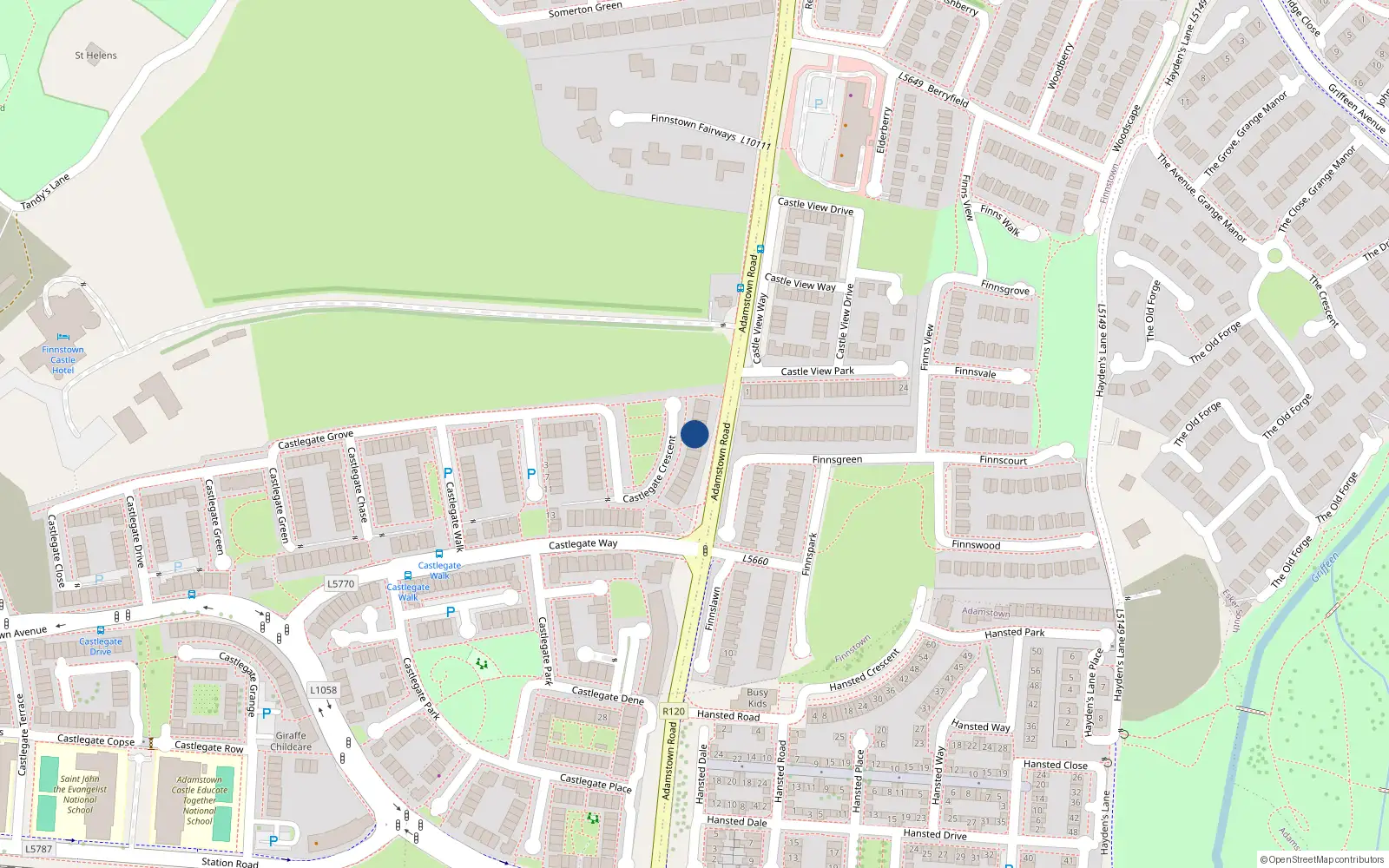 Overhead map showing the location of 54 Castlegate Crescent, Adamstown, Lucan