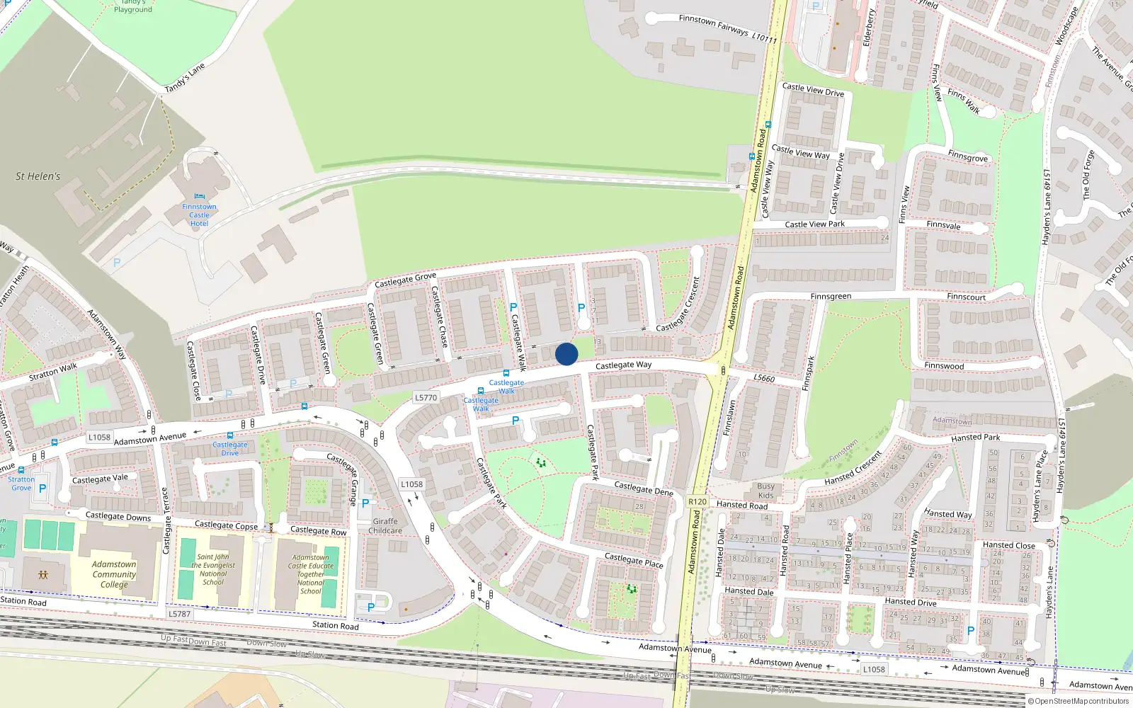 Overhead map showing the location of 54 Castlegate Way, Adamstown, Lucan