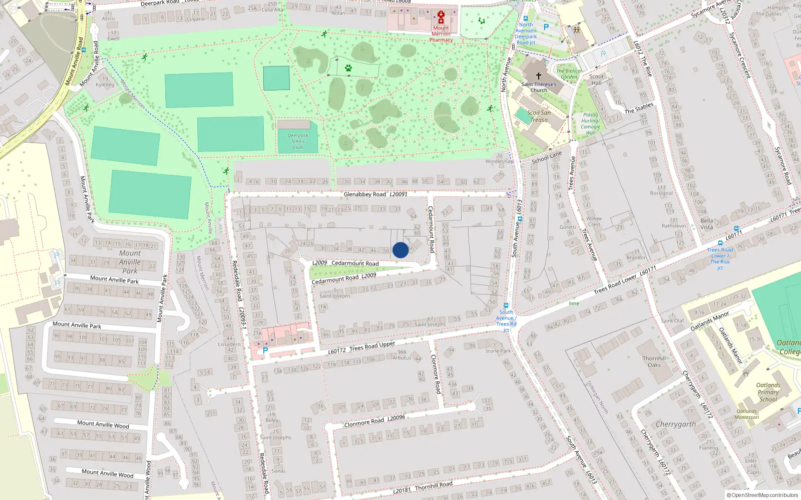 Overhead map showing the location of 54 Cedarmount Road, Blackrock
