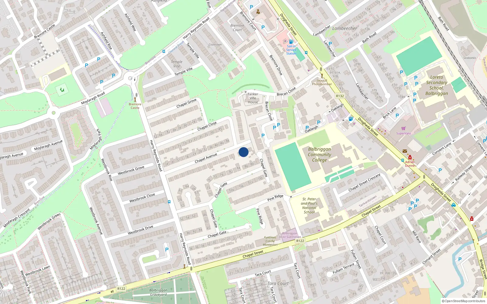 Overhead map showing the location of 54 Chapel Avenue, Balbriggan