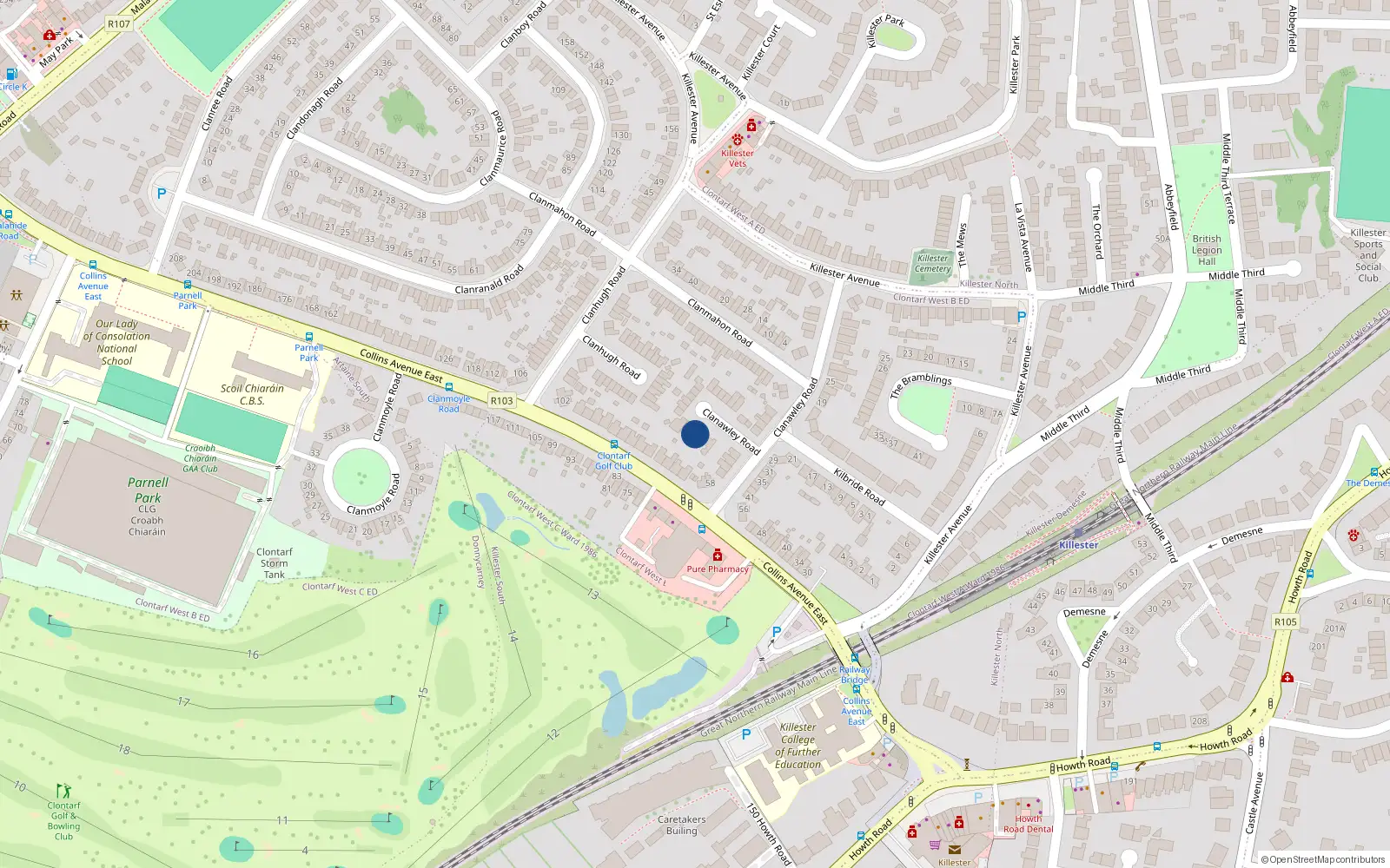 Overhead map showing the location of 54 Clanawley Road, Killester, Dublin 5